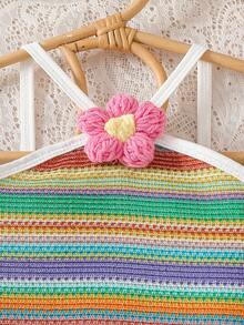 SHEIN Elladie kids Đầm hai dây hở lưng kẻ sọc cầu vồng thời trang ngọt ngào cho bé gái, trang phục dễ thương cho kỳ nghỉ hè. - Đỏ - Xem 4
