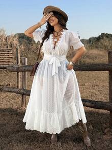 Ceyna Sexy Queen Lace Patchwork Chiffon Polka Dot Textured Fabric Bikini Cover Up, Sheer Beach Cover Up, Extra Long Sleeve Lace Embroidered Dress, Long Shirt Cover Up - White - View 1