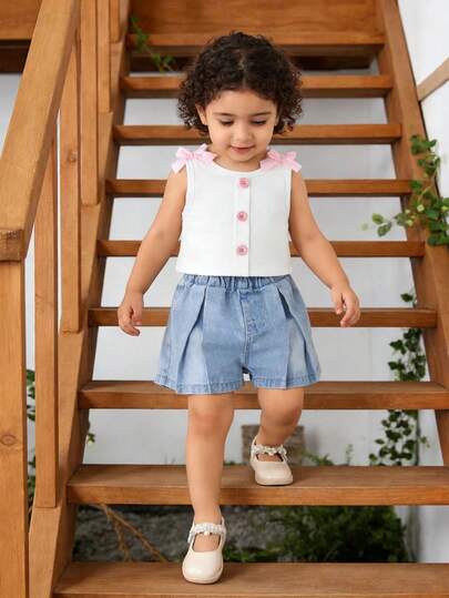 Baby Girls' Denim Set: White Sleeveless Top With Pink Bow & Button Decor, Loose Fit Denim Shorts With Elastic Waistband. Made Of Lightweight, Soft Cotton Denim. Fashionable & Versatile For Spring/Summer, Casual Outings, Photoshoots, Parties. New Autumn Collection.
