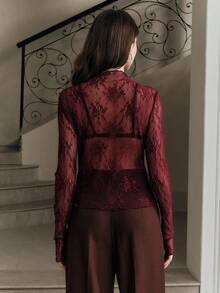 Anewsta Women's Lace Sheer Sexy Thumb Hole Elegant Blouse, Suitable For Holiday Party Outfits - Red Violet - View 2