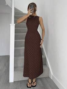 女士优雅波点印花露背系带无袖连衣裙，夏季 - 咖啡棕 - 查看 4