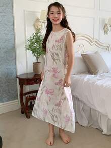 DAZY Tween Girl Floral Print Sleeveless Crew Neck Dress Loungewear - Mauve Purple - View 3
