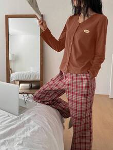 DAZY 2pcs Letter Print Decor Cardigan Top & Plaid Pajama Pants Women Sleepwear Set