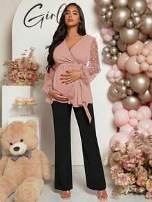 Loomaby Maternity Solid Color Mesh Patchwork Wrap Tie Front Long Sleeve Shirt, Suitable For Baby Shower - Pink - View 7
