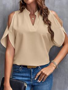 Clasi Blusa de camisa blanca con hombros descubiertos y manga dividida - Camel - Ver 6