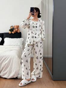 DAZY Conjunto de pijama feminino com estampa floral e mangas bufantes. - Branco - Ver 3