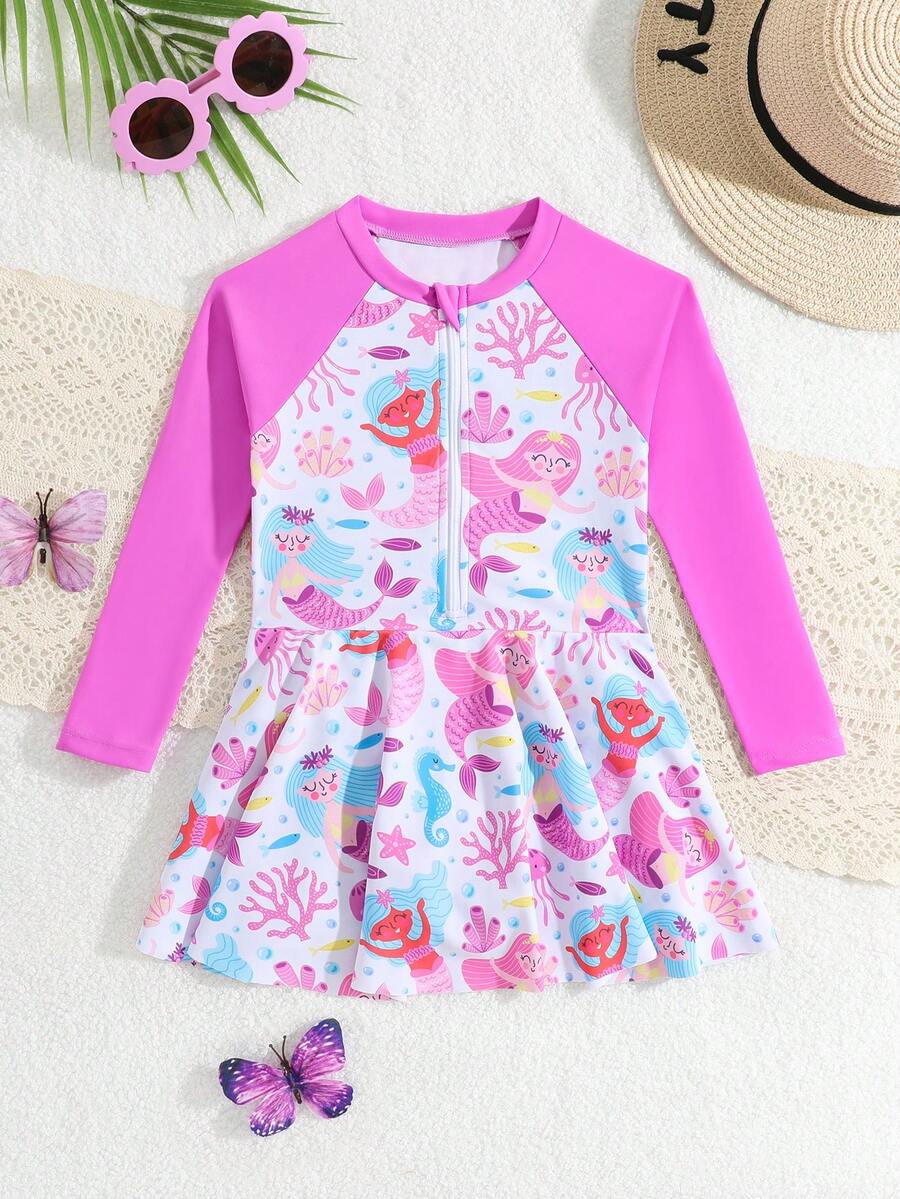 SHEIN Playful Pals 女童连体泳衣，1件装。这款连体泳衣采用裙摆设计，饰有可爱的卡通图案，配有拉链，风格甜美可爱，适合女孩游泳、海滩度假和水上乐园活动。长袖和裙摆设计提供良好的皮肤保护，面料优质。
