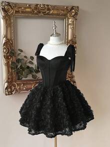 Lovelzi Elegant, Romantic, Fashionable Coffee-Colored Satin Strapless Mermaid Dress With 3D Floral Decor And Ruffle Hem, Suitable For Singles Party, Wedding, Graduation, Vacation, Afternoon Tea, And Formal Occasions - Black - View 7