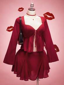 SHEIN ICON Ensemble 2 pièces grande taille, Top babydoll avec nœud papillon à l'avant rouge vin, jupe évasée. Tenue élégante pour un rendez-vous de la Saint-Valentin, sortie de soirée