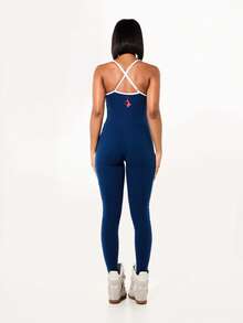 BABYPHAT Logo Halter Navy Unitard With White Contrast Piping And Front Graphic Print For Casual Everyday Wear Women's 4th Of July Women S Red White And Blue 4th Of July Women Tank Usa Tank Top Women 4th Of July Crop - Navy Blue - View 5