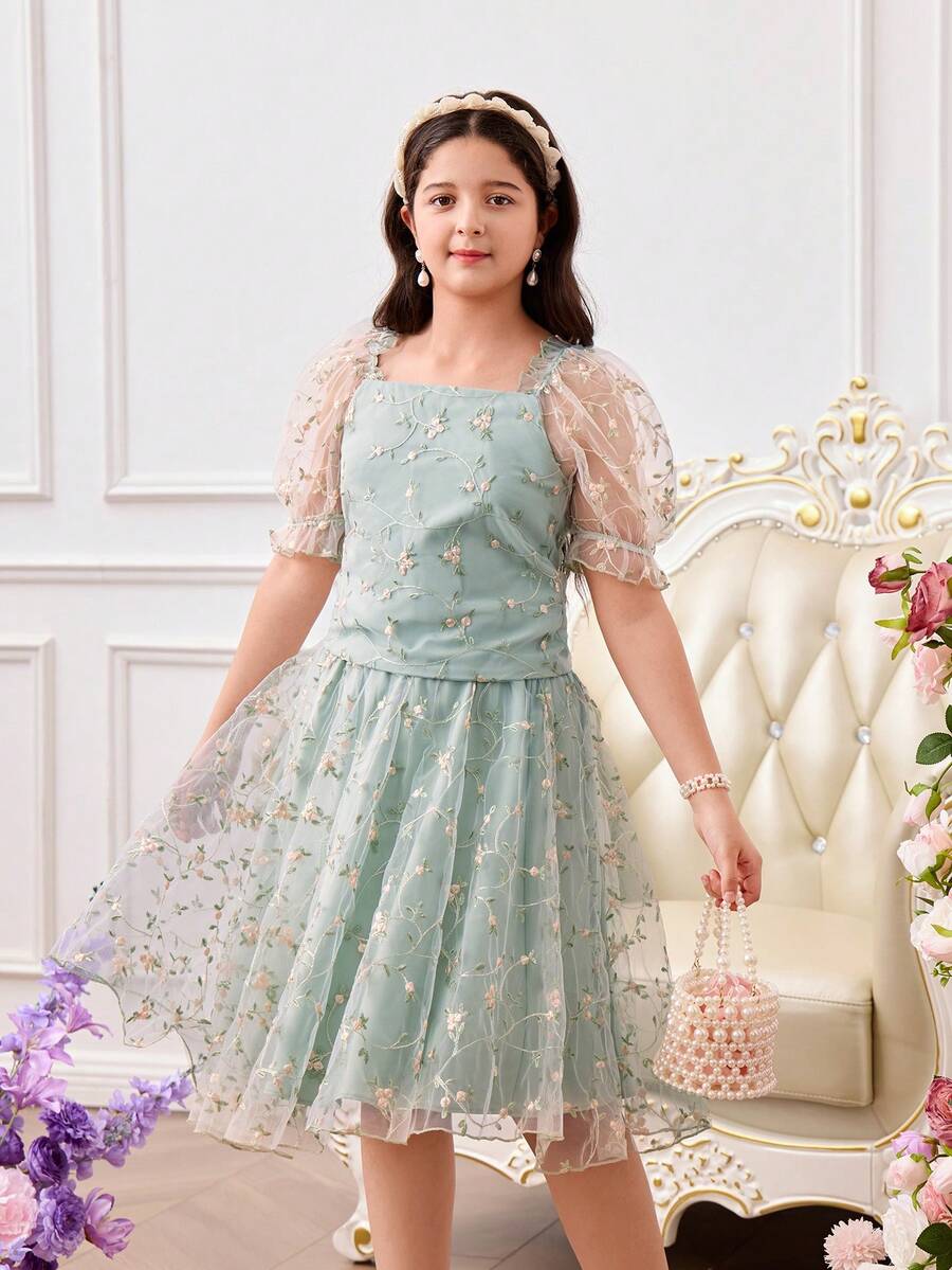 少女花卉刺绣网纱方领泡泡袖时尚派对连衣裙 - 綠色 - 查看 1