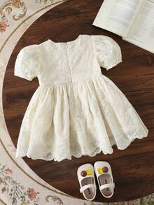 Cozy Pixies 女婴宽松可爱圆领3D蝴蝶花朵刺绣网纱泡泡袖中长连衣裙，杏色和香槟色，适合婚礼、花童、生日派对等场合 - 彩色 - 查看 5