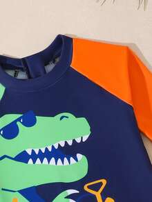 1pc Toddler Boys' One-Piece Long Sleeve Hooded Swimsuit, Cartoon Print, For Beach, Swimming, Vacation Baby Boy Long Sleeve Rash Guard Boy Swimsuit Set Long Sleeve - Navy Blue - View 4