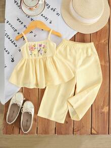 Baby Mädchen Lässig Urlaubs süß niedlich hellgelbes 3D Blumen Häkel Dekor Faux Stickerei Trägerhemd und passende gerade Bein Hose gewebtes 2-teiliges Set, Frühling/Sommer - Gelb - Übersicht 2