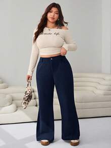 SHEIN EZwear 大码女式休闲喇叭灯芯绒裤，藏蓝色，适合秋冬季通勤、工作和上学穿着。 - 藏蓝色 - 查看 4