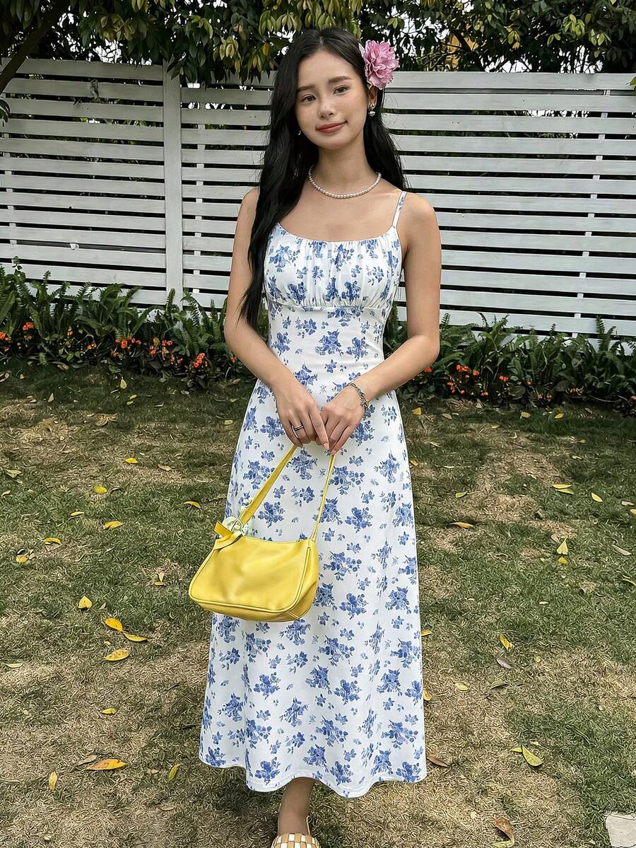 SHEIN 青少年女孩修身休闲碎花无袖连衣裙,舒适简约 - 藍色 - 查看 1