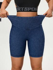 Flexra High Stretch Fitted Versatile Yoga Multi-Pocket High Waist Women Denim Shorts - Medium Wash - View 4