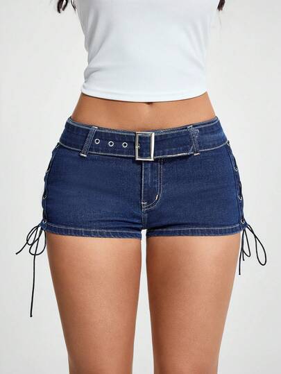 Jeanoix Women's Solid Color Lace-Up Metal Waist Belt Fashion Denim Shorts