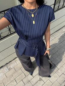 Siren Gaze Women's Navy Blue Striped Asymmetric Short Sleeve Blouse, Elegant Office Lady Waist Cinching Shirt Blue Pinstripe Shirt Navy Striped Top Cinched Waist Blouse - Navy Blue - View 3