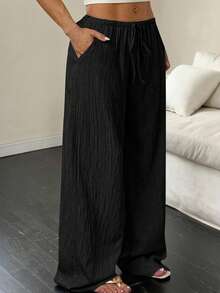 EMERY ROSE Pantalones de tela con textura de unicolor versátiles y casuales para tallas grandes - Negro - Ver 5