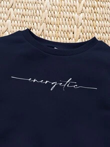 SHEIN Young Boys Navy Blue Knitted Round Neck Sweatshirt And Long Sweatpants Co-Ords With Letter Pattern For Everyday Casual Style - Navy Blue - View 4