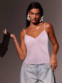 Athîral Women's Poplin Stripe Cami Top, Four Season - Baby Pink - View 4