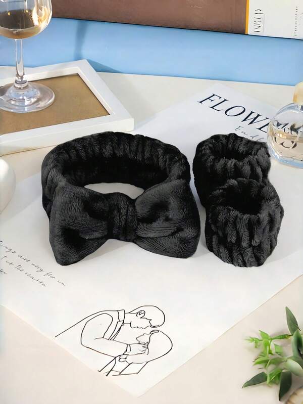 1pc Solid Color Black Bath Headband & 2pcs Bath Wrist Band, Creative Polyester Facial Makeup Headband & Wrist Wash Band Set, Bowknot Wristbands For Face Washing, Women's Hair Accessories For Bathroom For Washing Face, Skincare And Makeup Home Bathroom Decor Summer