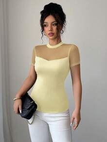 Elenzga Women's 2025 Summer Solid Color Versatile Mesh Patchwork Round Neck Short Sleeve T-Shirt - Light Yellow - View 3