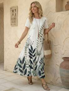 Faunlyn 女性假日休閒植物印花短袖連衣裙 - 彩色 - 查看 3