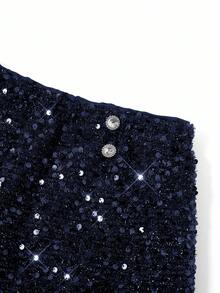 Ellevyn Women's Navy Blue Sequin Mini Shorts With Button Detail Party Style Woven Fabric - Navy Blue - View 8