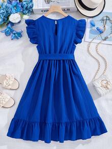 少女夏季休闲日常提花浅蓝色荷叶边腰蝴蝶结系带A字连衣裙 - 藍色 - 查看 2