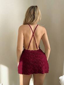 Sweetina Deep V-Neck Floral 3D Mini Slip Dress - Red Violet - View 2