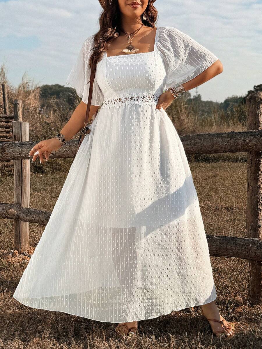 Ceyna Plus Size Solid Color Textured Elegant Lace Patchwork Sweet Fresh Casual Dress - White - View 1