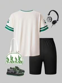 SHEIN ChillGRL Bộ 2 món dành cho nữ tuổi teen, gồm áo thun ngắn tay in họa tiết và quần short ôm sát in họa tiết, phong cách thường ngày đường phố. - xanh quân đội - Xem 2