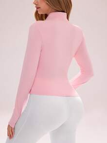 Sovereign Charm Mesh Patchwork Stand Collar Half Zip Slim Fit Long Sleeve Sweatshirt - Baby Pink - View 2