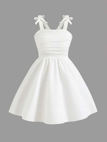 Elladie kids Young Girl' Elegant Solid Color 3D Bow Ruffle Strap Dress, Suitable For Outings, Parties And Events, Spring/Summer White Bow Dress Casual White Dress Bow Strap Dress White Dress Junior