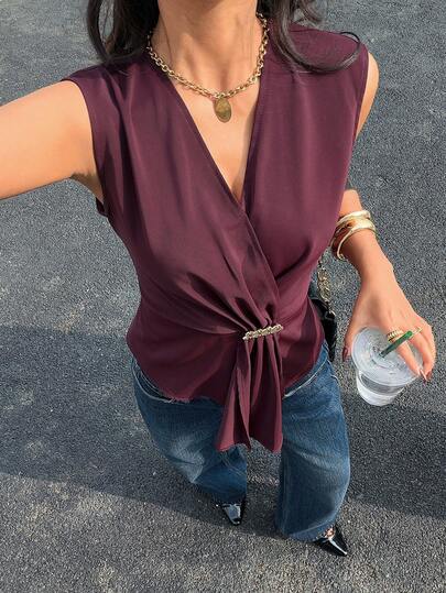 Siren Gaze Women's V-Neck Sleeveless Shirt For Spring And Summer, Burgundy Fitted Waist Tie Top, Elegant Chiffon Blouse For Summer Commuting And Slimming Effect Dark Purple Top Tie Front Blouse Elegant Top Sleeveless Purple Top Valentine's Day