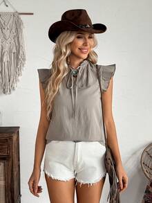 SHEIN LilyWest Women's Linen V-Neck Tie-Up Frill Trim Loose Solid Color Textured Short Sleeve Casual Shirt, Spring/Summer - Khaki - View 3