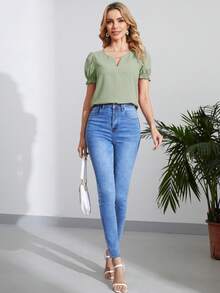 SHEIN Clasi 女士纯色镂空领口优雅短袖衬衫 - 薄荷綠 - 查看 3