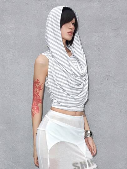 ROMWE Avant Felpa con cappuccio a collo alto a righe, stile streetwear Y2K, crop top da donna