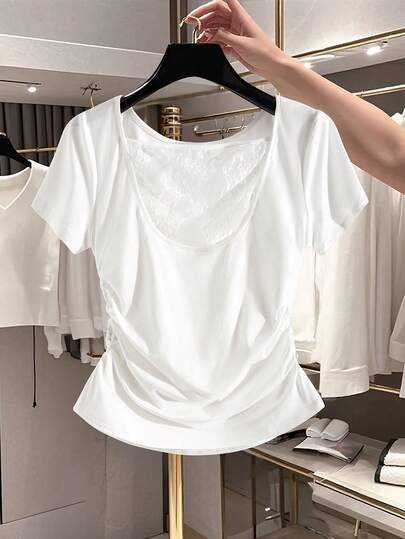 GlowEve Women's Round Neck Lace Patchwork Pleated Design Regular Casual Commuter T-Shirt, Suitable For Outings, Daily Wear, And Home Wear, Spring/Summer