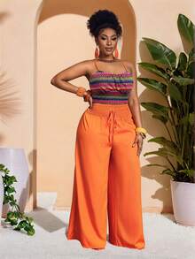 Slaydiva Pink,Summer,Boho,Vacation,Holiday Plus Size Women Colorblock Knit Pattern Camisole Top And Solid Wrap Around Pants Set Y2k Trousers Jumpsuit - Red - View 4