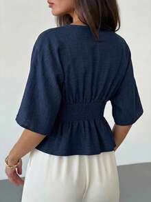 Aloruh Deep V-Neck Ruffle Hem Waist Cinched Commuter Shirt - Blue - View 2