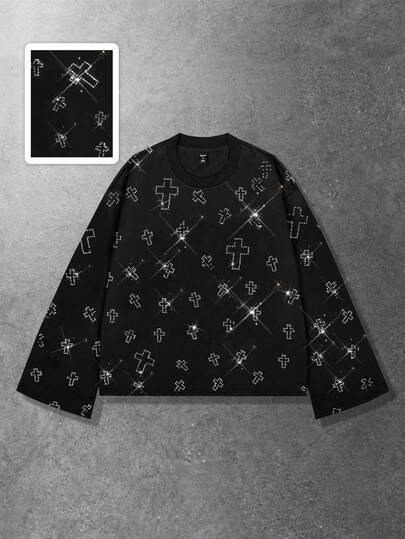 Unisex Casual Fashionable Rhinestone Embellished Crew Neck Long Sleeve T-Shirt