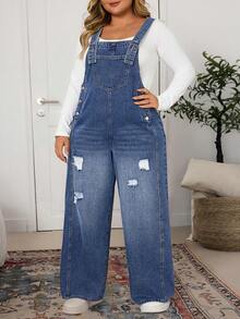 EMERY ROSE Plus Size Casual Washed Distressed Denim Bib Overalls - Medium Wash - View 4