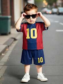 2pcs/Set Young Boys' Red & Blue Striped Sports Jersey Outfit, Knit Top Tee And Shorts Set, Barcelona FC, Suitable For Indoor, Outdoor, Daily Wear, Sports, Play, Party, Photo Shoot, Vacation, Match, Spring/Summer - Multicolor - View 5