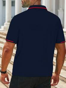 Manfinity Homme 加大码男士休闲撞色滚边短袖Polo衫，夏季男士Polo衫，翻领男士短袖Polo衫 - 藏蓝色 - 查看 2