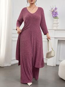 Modelyn 大码女式纯色V领长袖开衩下摆罗纹长款T恤和阔腿裤休闲两件套 - 紫色 - 查看 5