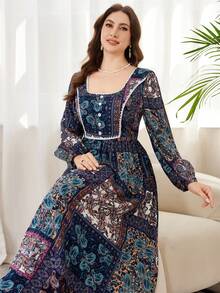 Lacomfia Casual Paisley Print Square Neck Long Sleeve Waist Fit A-Line Midi Dress For Women, Spring/Autumn - Multicolor - View 1