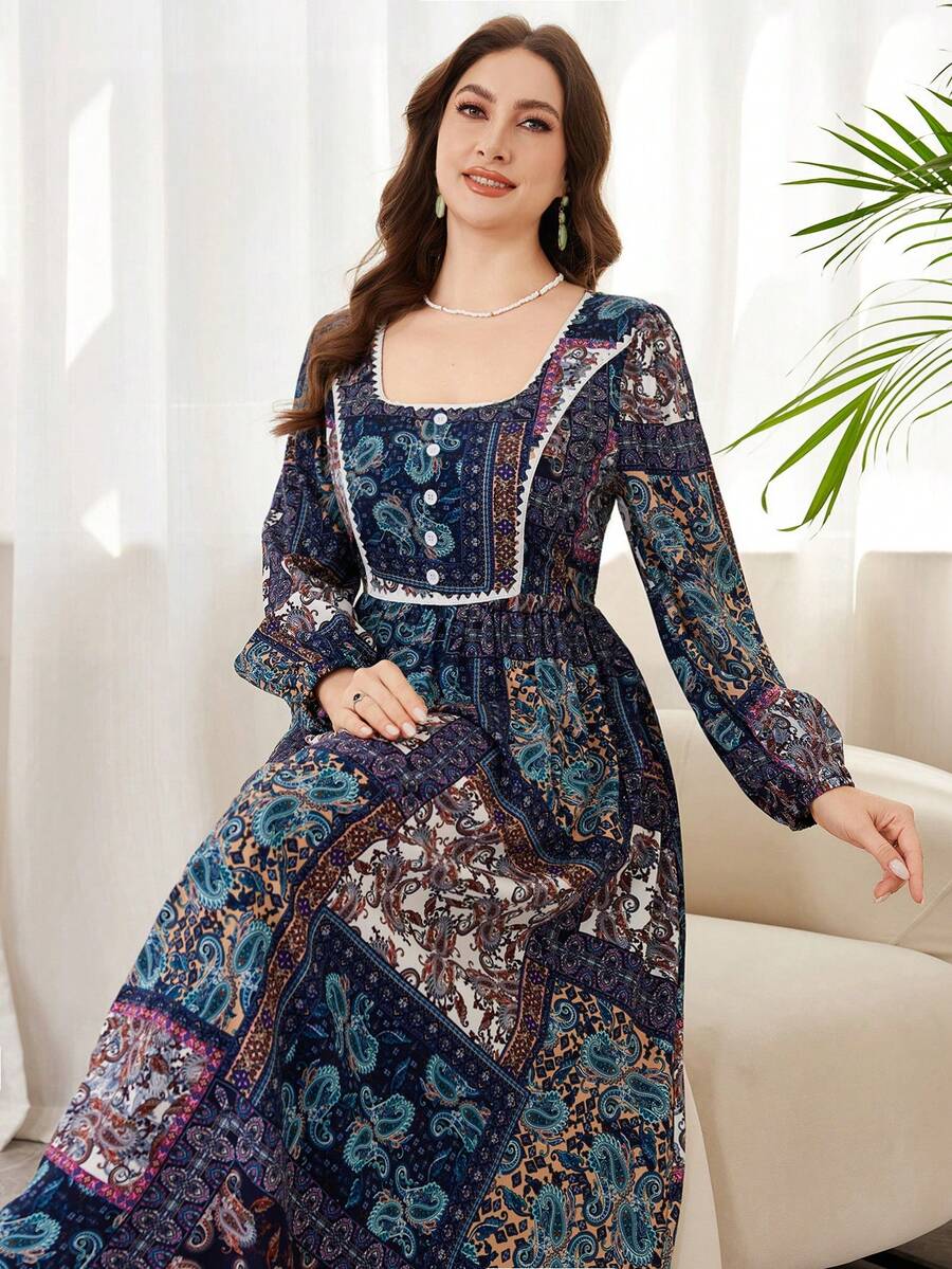 Lacomfia Casual Paisley Print Square Neck Long Sleeve Waist Fit A-Line Midi Dress For Women, Spring/Autumn - Multicolor - View 1